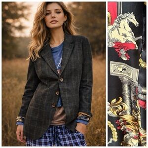 Cabi Wool Blend Windowpane Plaid Baroque Equestrian Lined Cutaway Blazer Size 12